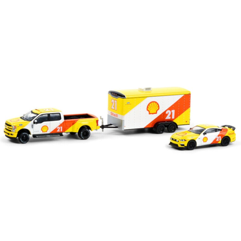 1/64 FORD F-350 Lariat + Ford Mustang Mach 1 + Remorque "SHELL" 2019/2021 FORD