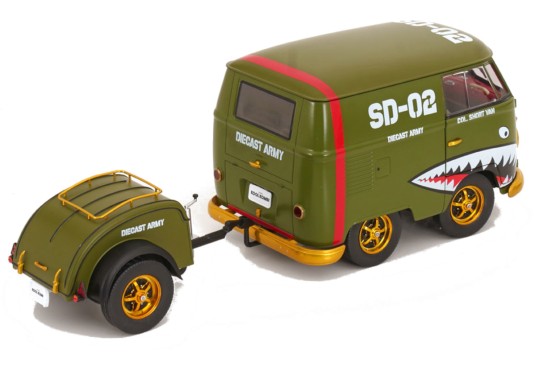 1/18 VOLKSWAGEN Kool Combi Army 1950 + Remorque