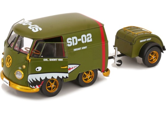 1/18 VOLKSWAGEN Kool Combi Army 1950 + Remorque